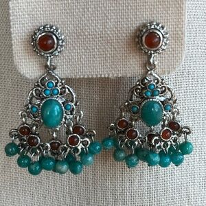 Vintage RJ Graziano faux turquoise/ coral chandelier style dangle earrings